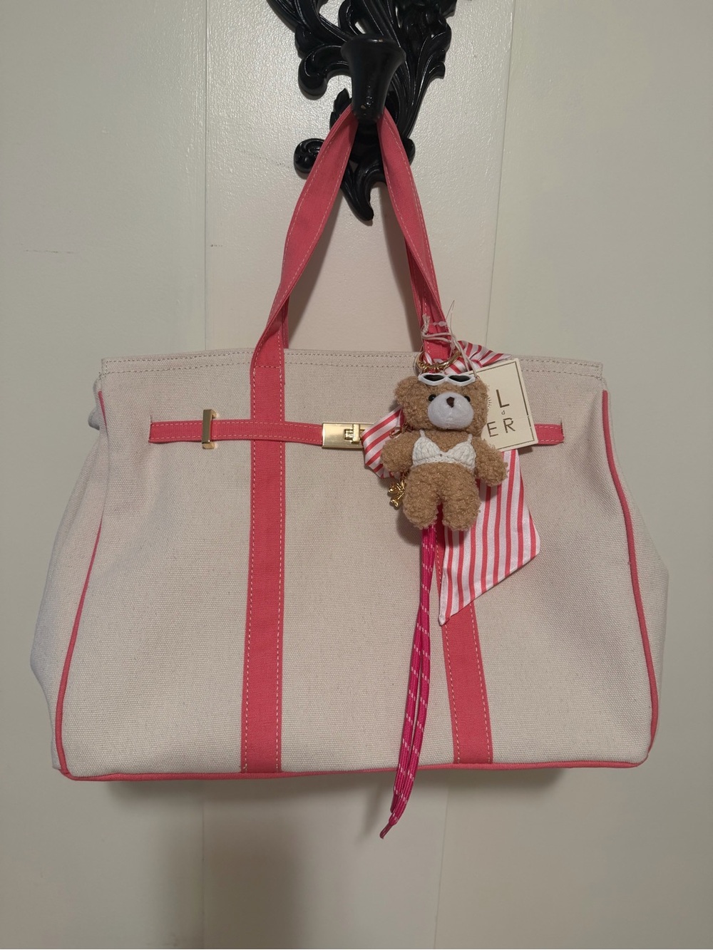 Canvas  Tote Bag with Pink Trim and Charm